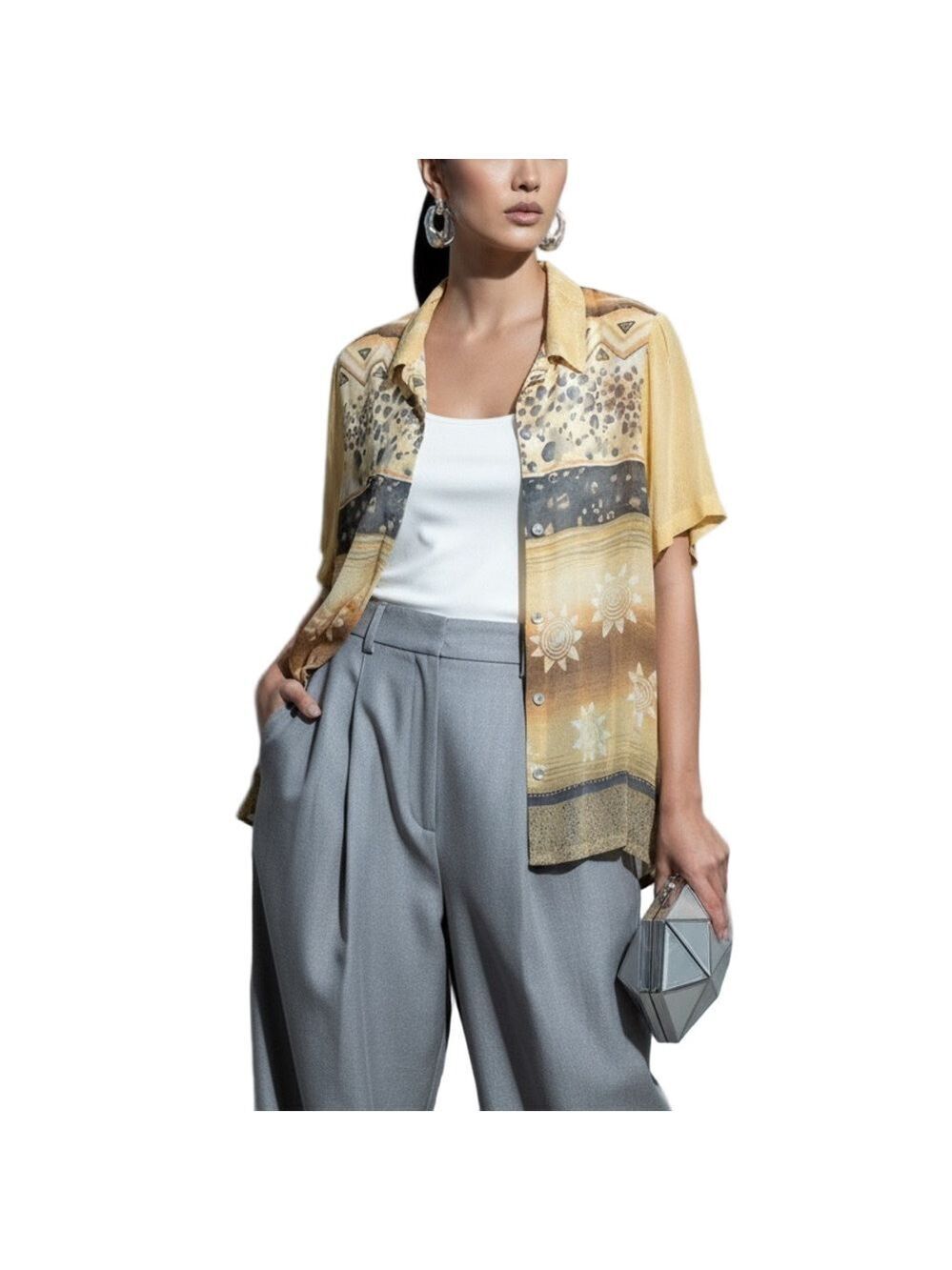 Schmeinck Germany grey yellow short sleeve print chiffon boxy tunic blouse UK 22